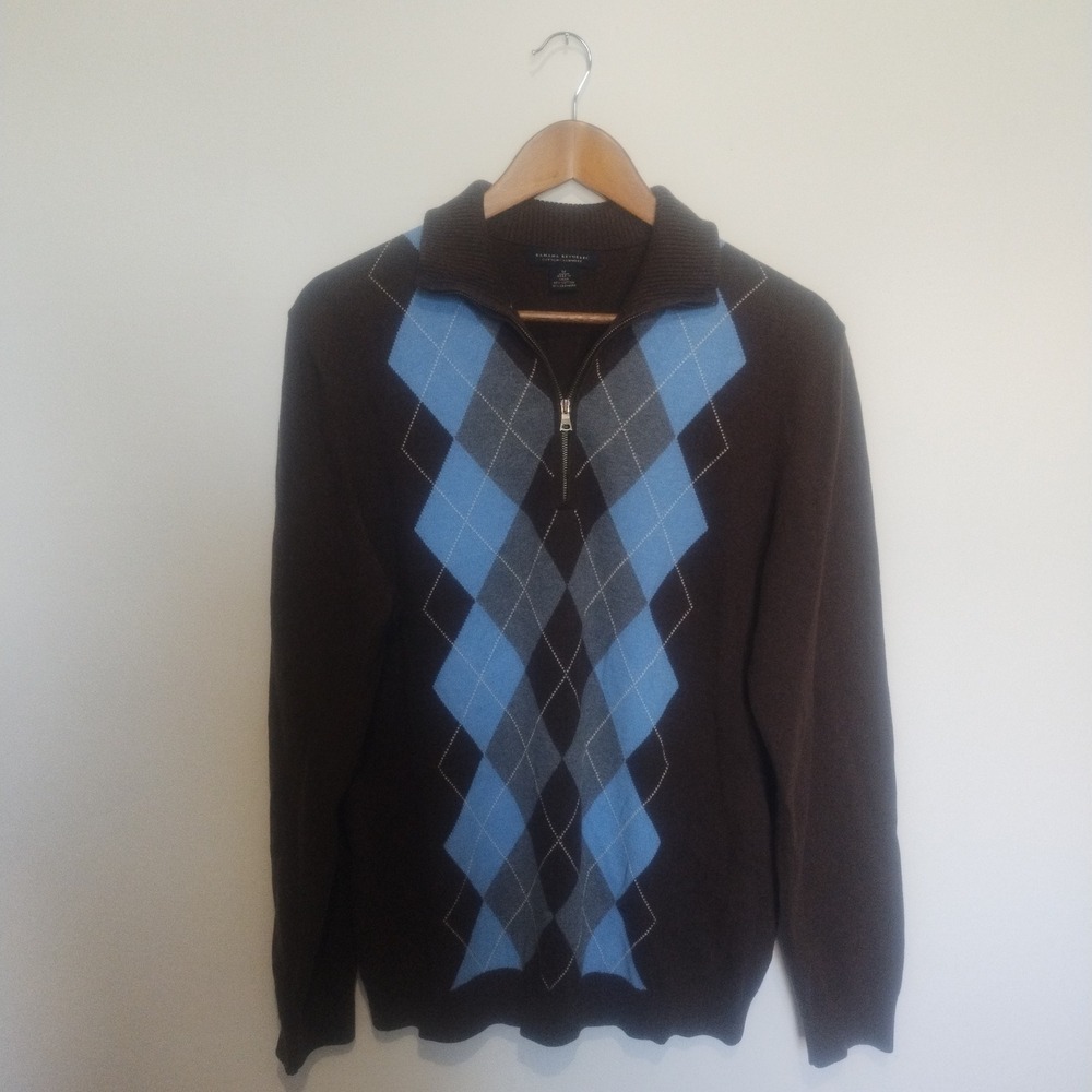 Banana Republic Argyle Sweater Mens Medium Brown 1/4 Zip Cotton Cashmere 00s